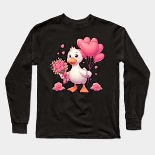 Duck Goose Valentine Roses Hearts Balloon Animal Poultry Long Sleeve T-Shirt